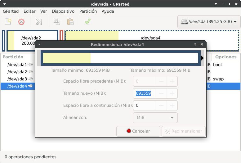 Tamaño del disco de destino